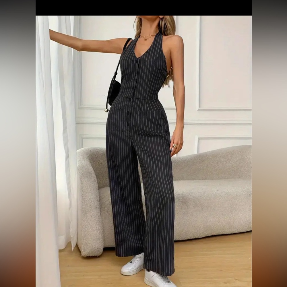 Women’s Black Pinstripe Wide-Leg Jumpsuit.  M-L - Picture 2 of 5